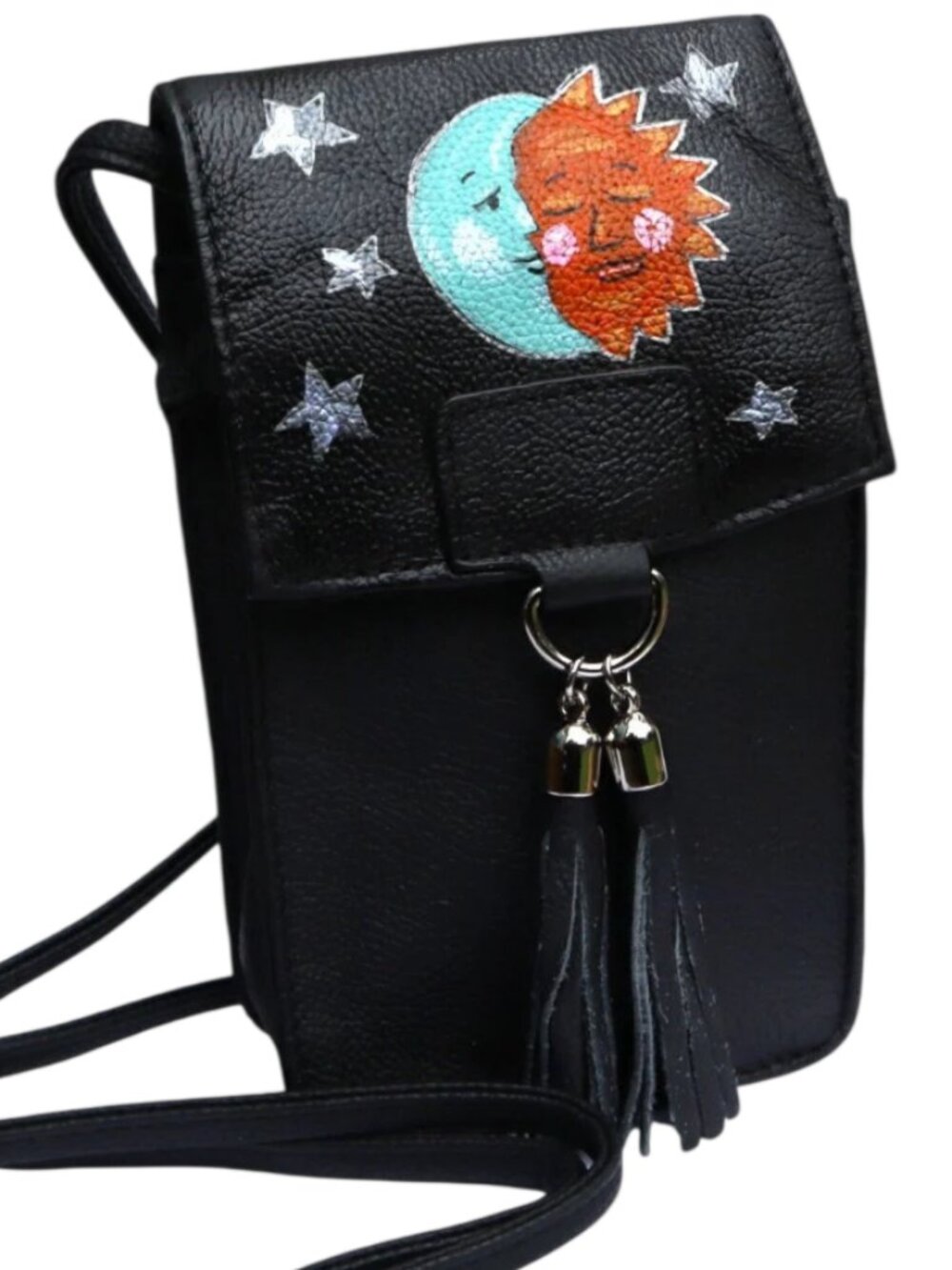 Bohemian Painted Sun Moon and Stars Boho Black Leather Crossbody Bag
